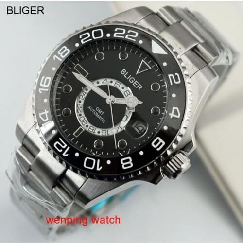 1 pcs BLIGER 43mm Ceramic 21 types Bezel for you to choose black dial GMT watch hands automatic mens Wrist watch E2416