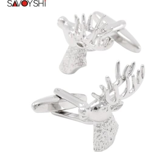 SAVOYSHI Deer Cufflinks for Mens Shirt High Quality Silver Color Animal Cuff link Christmas Gift Man Jewelry Free engraving name
