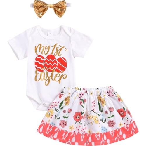 My 1st Easter Day Newborn Baby Girls Clothes Sets Pattern Print Short Sleeve Romper Flowers A-Line Skirts Headband 3pcs