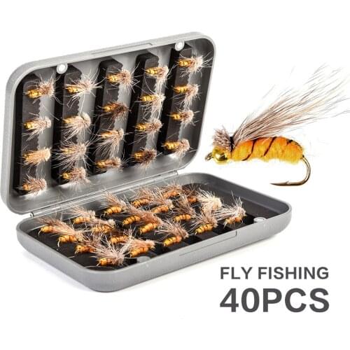 40Pcs/box Beads Head Fly Fishing Flies Set Trout Dry Flies Wet Fishing Feather Bait Artificial Nymph Bait Trout Bass Gill Combo