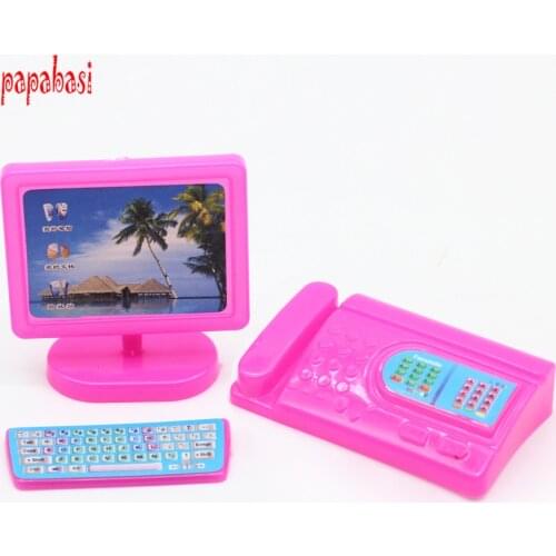 One Set Doll Accessories Fashion Mini Pink Imitation Computer +keyboard+ Fax Phone For Barbies Doll 1/12 Kelly Doll Office Toys