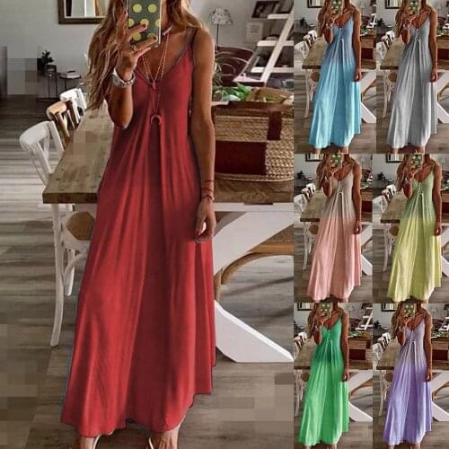 Womens Casual Gradient Dress Sleeveless Camisole V-neck Print Maxi Tank Long Dress Chic Holiday Beach Dresses Robe Longue Femme