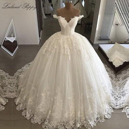 Luxury Ball Gown Lace Appliques Wedding Dresses 2019 vestido de noiva Sleeveless Floor Length Off Shoulder Sparkly Bridal Gowns