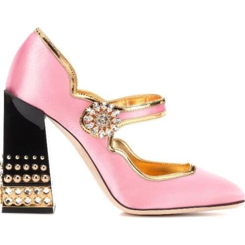 Moraima Snc Hot Selling Pink Satin High Heel Shoes Round Toe Crystal Embellished Thick Heels Ankle Strap Wedding Shoes Pumps