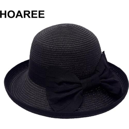 HOAREE British Style Summer Straw Hat Womens Sun Hat Bowknot White Black Pink Navy Beige Elegant Ladies Fedora