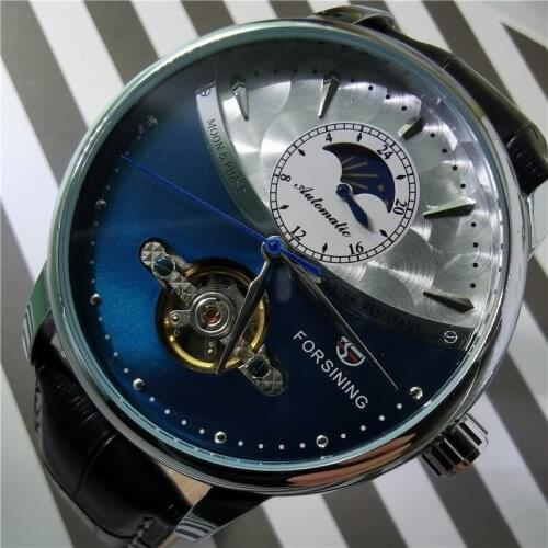 Forsining 2020 Tourbillon Blue Men Automatic Mechanical Watch Moon Phase Genuine Leather Male Watches Otomatik Erkek Saat Clock
