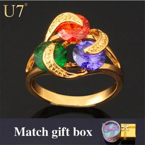 U7 Brand CZ Ring For Women Gift Fashion Jewelry Wholesale Trendy Gold Color Colorful Cubic Zirconia Rings R312
