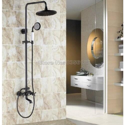 Bathroom Wall Mounted Black Oil Rubbed Bronze Luxury Dual Handles Rain Shower Faucet Set with Bathtub Mixer Taps Wrs382