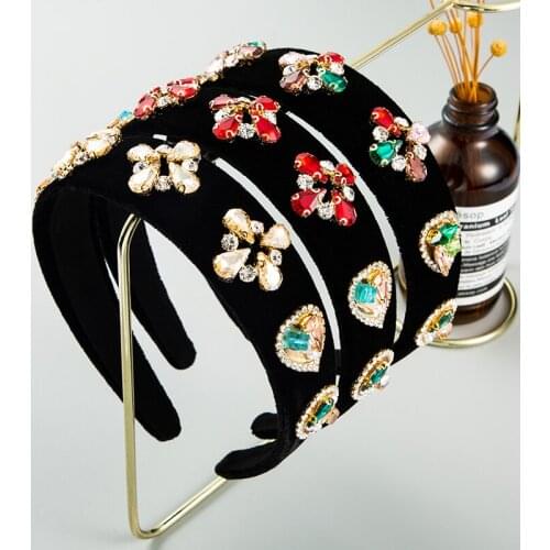 Gorgeous Baroque Polychromatic Crystal Headband Womens Luxury Rhinestone Gold Velvet Hair Band Womens Fashion Hair Accessories
