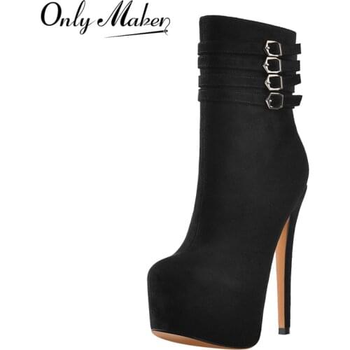 Onlymaker Winter Platform Ankle Boots Multi Buckles Decoration Black Flock Stiletto High Heels Shoes Zipper For Women Big Size