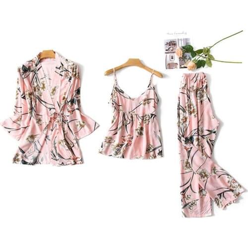 Women cotton silk pajamas spring and autumn thin spaghetti strap three piece Japanese students loose pajamas sets women pajamas