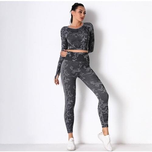 Long Sleeve Fitness Sets Camouflage Knitted Yoga Outfits Slim Women Tracksuits Seamless Gym Suits 2Pcs Sets Nylon Running Sets