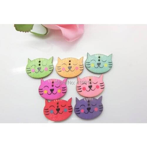 Free shipping -100Pcs Random Mixed Cat Wood Sewing Buttons 2 Holes Pattern Scrapbooking 23x30mm J1467