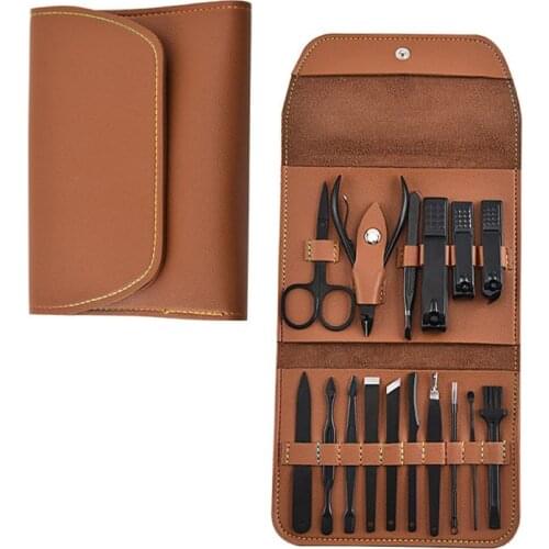 16pcs Manicure Pedicure Set Finger Toe Nail Clippers Scissors Grooming Tool with Leather Case Kit for Women Men
