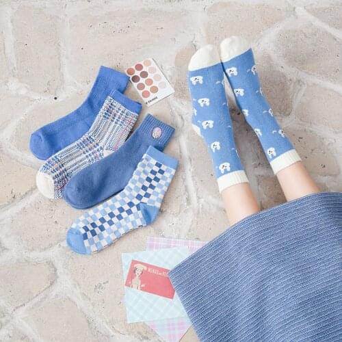 5 Pairs Socks womens Winter Cute Cotton Blue Series High Quality Harajuku Kawaii Funny Socks Gifts for the new year 1set