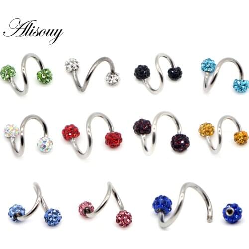 Alisouy 1 PCS Crystal S-shape Labret Ring surgical Stainless Steel Bar Spiral Twister Tragus piercing jewlery Ear Helix ring