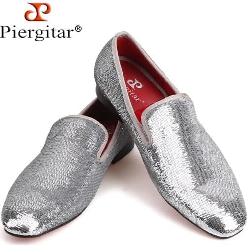 PIERGITAR brand 2019 luxurious sequins mens loafers wedding and prom two colors men handmade smoking slippers plus size shoes