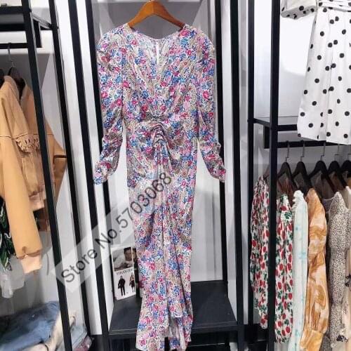 Ladies Silk V Neck Floral Printed Gathering Waist Midi Dress