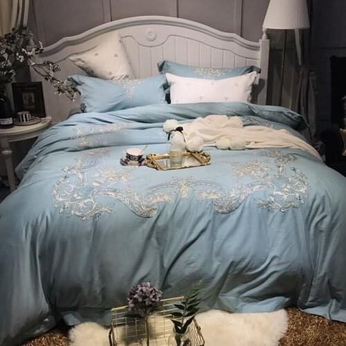 120S Egyptian Cotton Luxury Embroidery Royal Bedding Set 4/6pcsKing Queen Wedding Bed Sheet set Duvet cover Pillowcase nice blue