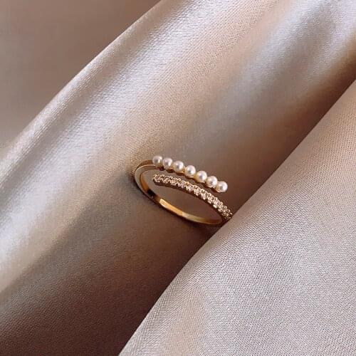 Korean fashion jewelry simple and exquisite copper inlaid zircon pearl ring opening adjustable female daily ring