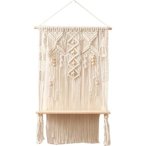 Creative Bohemian Macrame Tapestry Rack Hand-woven Wall Hanging Flower Storage Wooden Shelf Hand-woven Pendant Wall Hanging Art