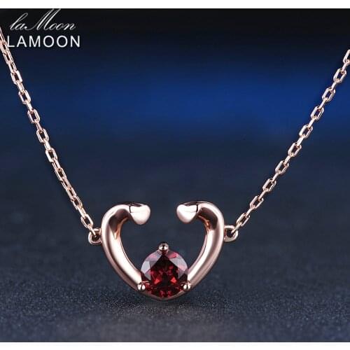 LAMOON 2 Hearts 5mm 0.6ct 100% Natural Red Garnet 925 Sterling Silver Jewelry Chain Pendant Necklace S925 LMNI005