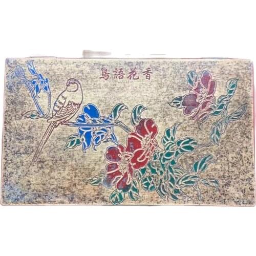 Brass Collection Rectangular Birds and Flowers Relief Color Painting Copper Box Qing Dynasty Jewelry Storage Box