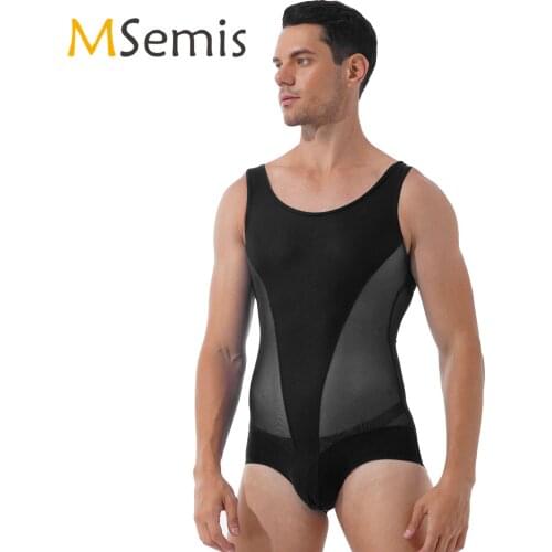 Mens Lingerie Sheer Mesh Patchwork Wrestling Bodysuit Swimsuit One-piece Sport Sleeveless Bulge Pouch Leatord Swimwear Bodysuit