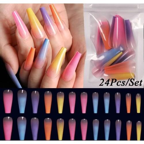 24Pcs/Set Long Coffin Fake Nail Rainbow Color Ballerina False Nail Art Tips With Glue Press On Nails for Nail Extension Manicure