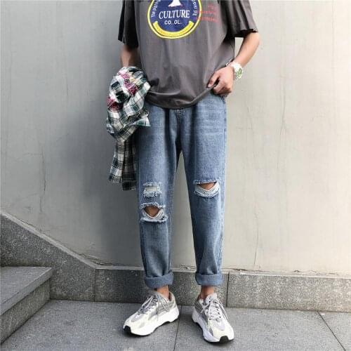 Wholesale 2020 Wide-legged handsome t ripped jeans beggar Hong Kong style pants mens loose Korean style trend straight jeans
