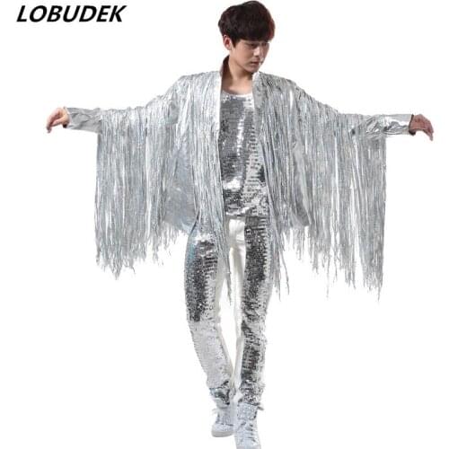 Jacket vest pants Tide Male Hip-hop Stage Costume Silvery Sequins Tassels Mens Suits Nightclub Rock Punk DJ Performance Wears