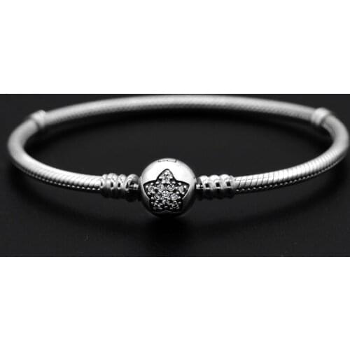 Real 925 Sterling Silver Moments Sparkling Star Clasp Snake Bracelet with CZ Fit Original Charm DIY Thai Silver 925 Jewelry Gift