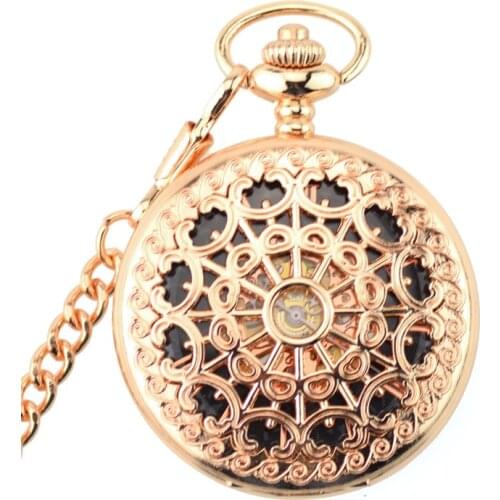 Rose Gold Luxury Skeleton Pocket Watch Mechanical Hand Wind Pocket & Fob Watches Womens Pendant relogio de bolso Spider Web