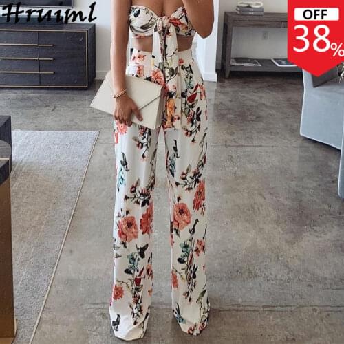 Sexy Floral Print Two Piece Outfits for Women Sexy Club Wear Strapless Crop Top Wide Leg Pants Set Fashion Holiday Ropa De Mujer