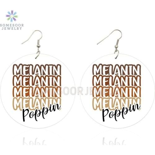SOMESOOR Always Melanin Poppin African Wooden Drop Earrings Black Positive Sayings Printed Wood Loops Dangle For Women Gfits