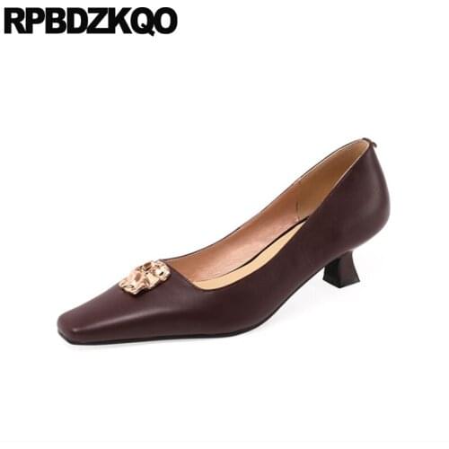 Pumps genuine leather scarpin medium heels black high metal women brown square toe ladies kitten shoes size 33 classic luxury