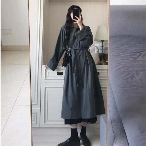 Vintage women jacket Korean casual mid-length lace-up buttons outerwear Harajuku solid color long-sleeved Windbreake Overcoat