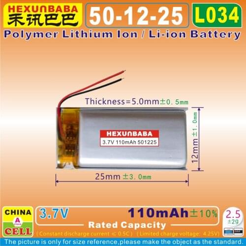 10pcs [L034] 3.7V,110mAH,[501225] Polymer lithium ion / Li-ion battery for smart watch,GPS,mp4,BLUETOOTH earphone,speaker,,mp3