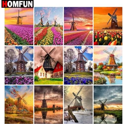 HOMFUN Full diamond Painting"Windmill flower landscape"Resin Drill Embroidery 5D Diy Diamond Painting Handmade Cross Stitch gift