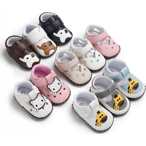 Cartoon Soft Leather Baby Toddler Walking Pram Crib Shoes Unisex Prewalkers First Walkers With Non Slip Leather Sole 0-18M