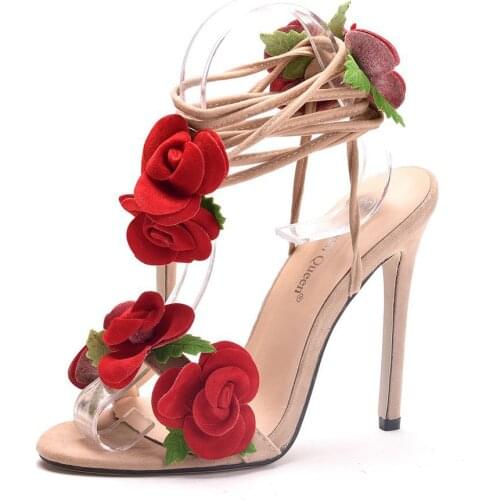 2021 New Arrival 11cm Rose Flower High Heel Sandals Large Size Hollow Strap Sandals Fashion Elegant Sandals women shoes
