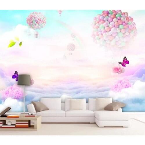 Childrens hand-painted hot air balloon rainbow butterfly home decoration mural TV background wall sofa wallpaper any size