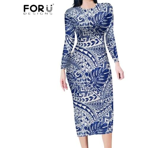 FORUDESIGNS New Arrival Women Sexy Long Sleeves Soft Dress Monstera Polynesian Tribal Pattern Printing Bodycon Vestidos Mujer
