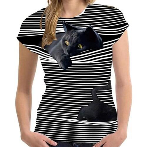 T Shirt Womens Fashion 3d Cat Striped Print T-shirt Summer Short Sleeve O-neck T Shirts Camisetas De Mujer Футболка Оверсайз