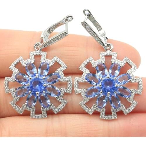 42x26mm Jewelry Set Created Violet Tanzanite Pink Tourmaline White CZ For Womans Silver Pendant Earrings