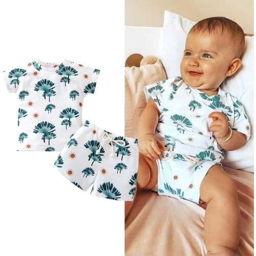 Boys Clothing Sets Summer Casual Infant Clothes Sun Leaf Printed Short Sleeve Top+Shorts Outfit Baby Clothing 0-24M