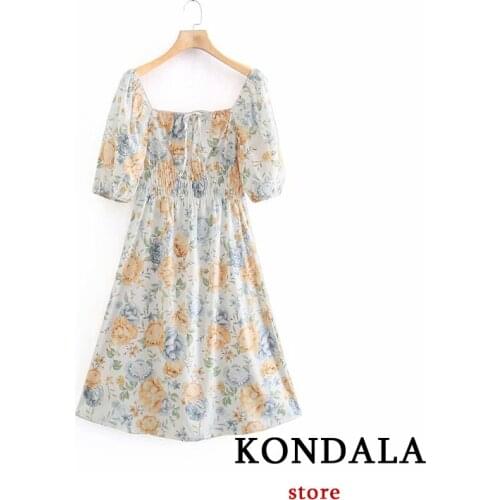 KONDALA Women Summer Fashion Dress Za Vintage Floral Print Party Puff Sleeeve Elastic Waist Dresses Female Sweet Chic Vestidos