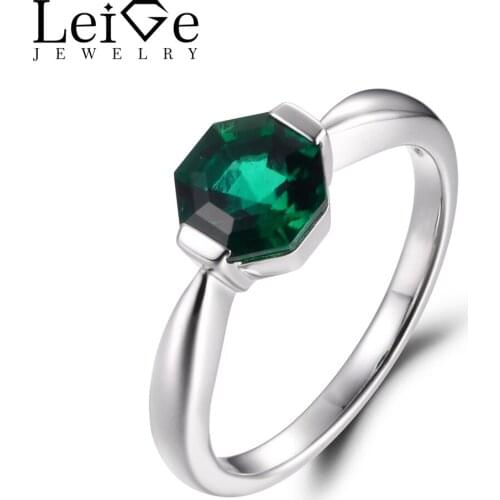 Leige Jewelry Lab Created Emerald Gemstone Octagon Cut Anniversary Solitaire Rings For Woman May Birthstone 925 Silver