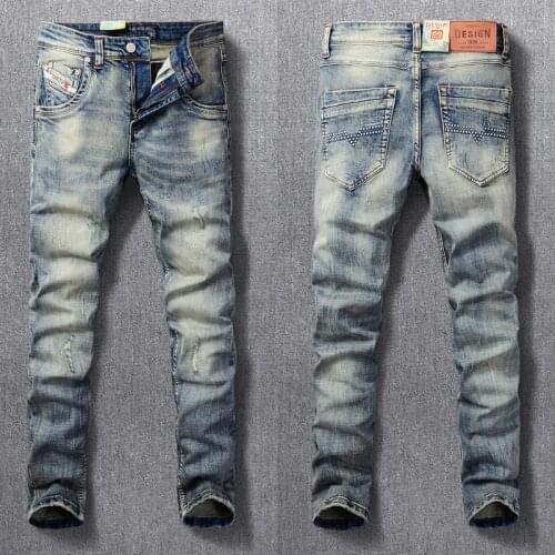Italian Style Fashion Men Jeans Retro Washed Slim Fit Ripped Jeans For Men High Quality Vintage Designer Casual Denim Pants