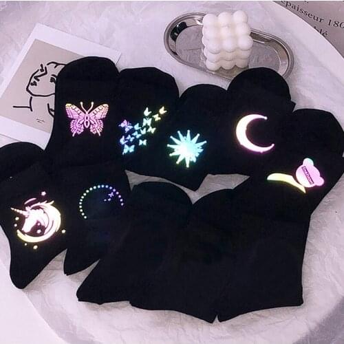 Japan Harajuku Night Reflection Light Socks Cartoon Pattern Street Style Hip-Hop Skateboard Socks Black Reflective Funny Cotton
